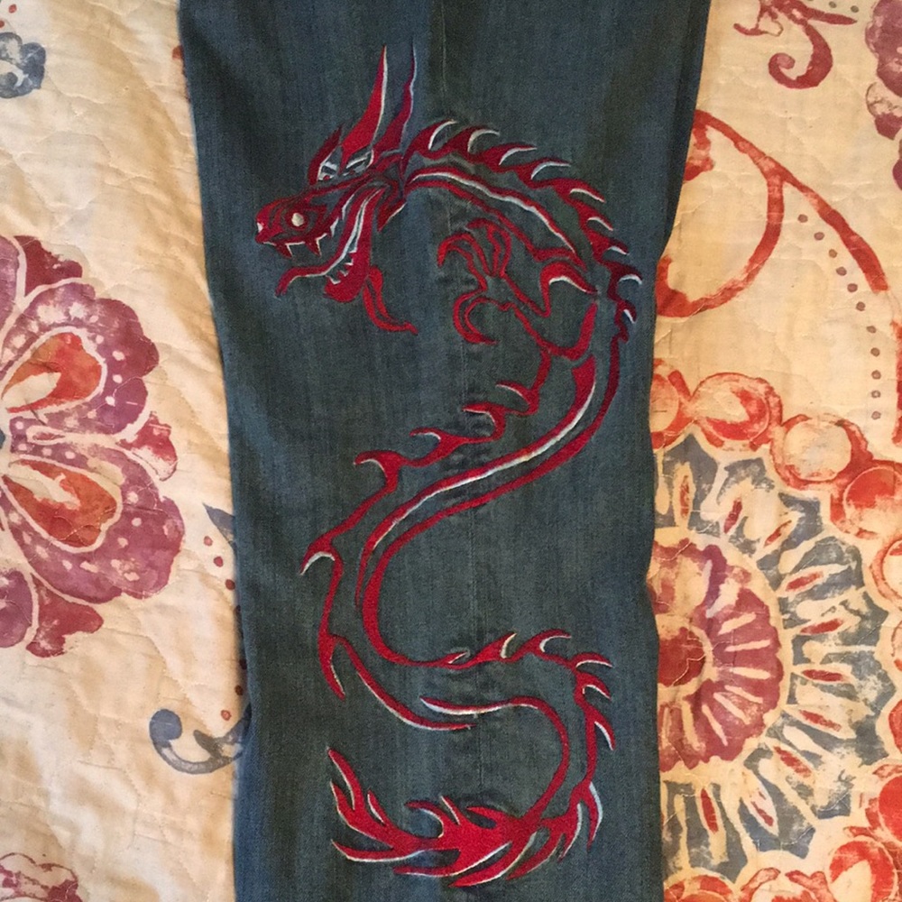 Medium Wash Flared Embroidered Jeans Size 10